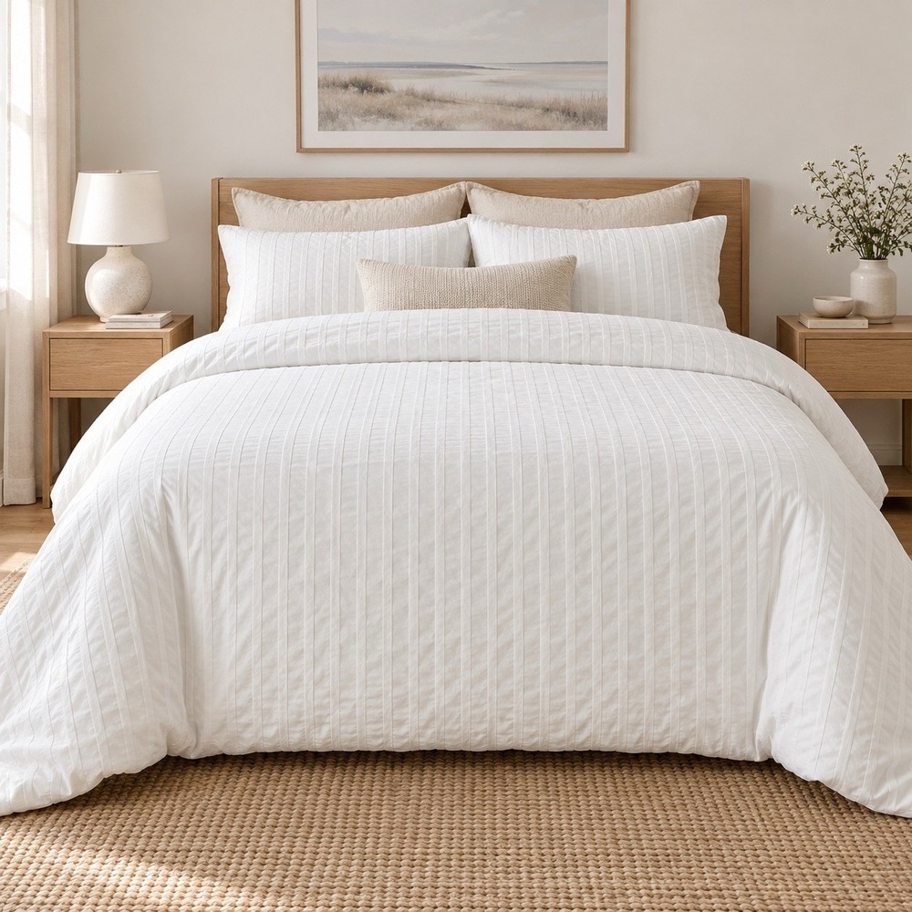 Ikea Duvet Cover Queen 84x88" White Cotton Textured Stripe Minimalist Scandi